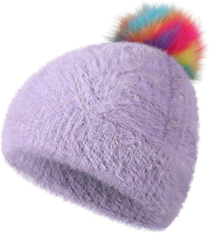 Achiou Kids Winter Pom Pom Beanie Hat, Warm Faux Fur Pompom Knit Ski Hat for Youth Girls 4-16, Fu... | Amazon (US)