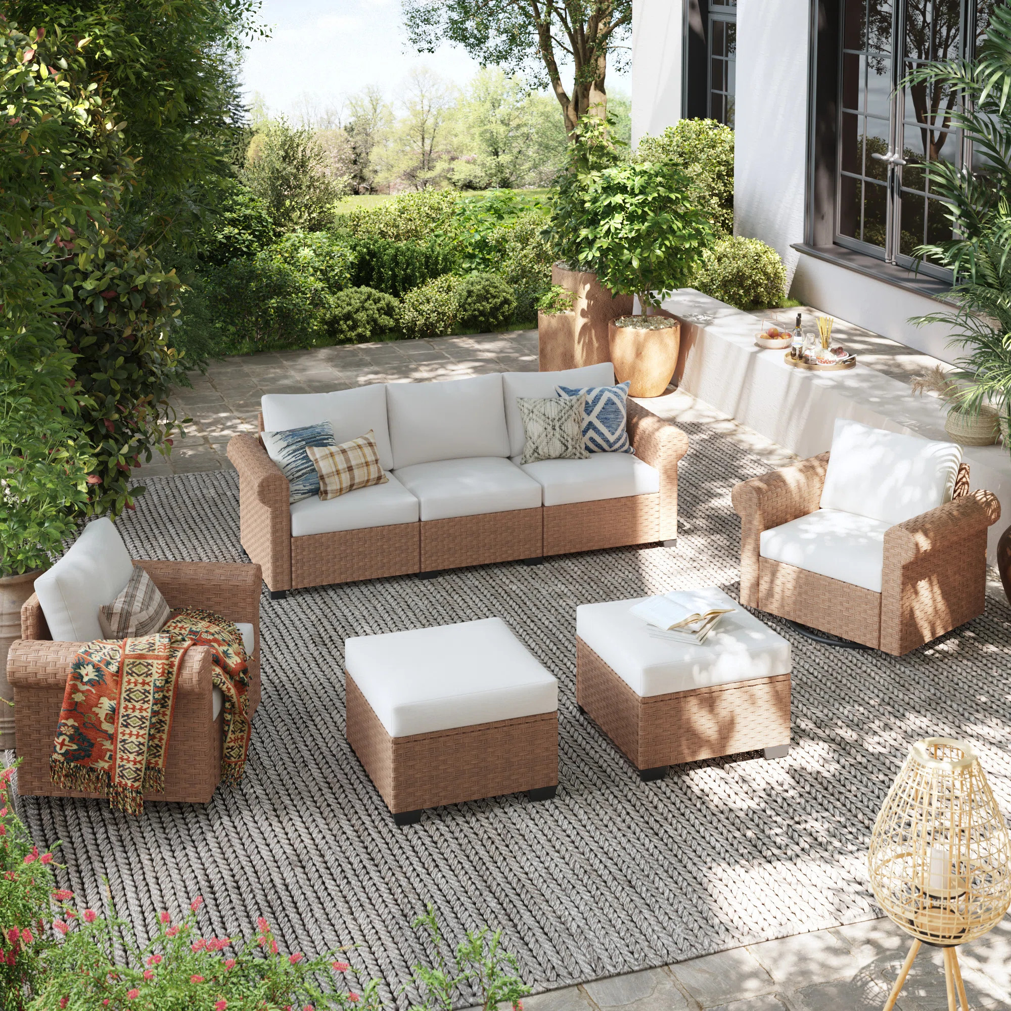 7 - Person Outdoor Wicker Seating Group With Swivel Chairs And Cushions | Wayfair North America
