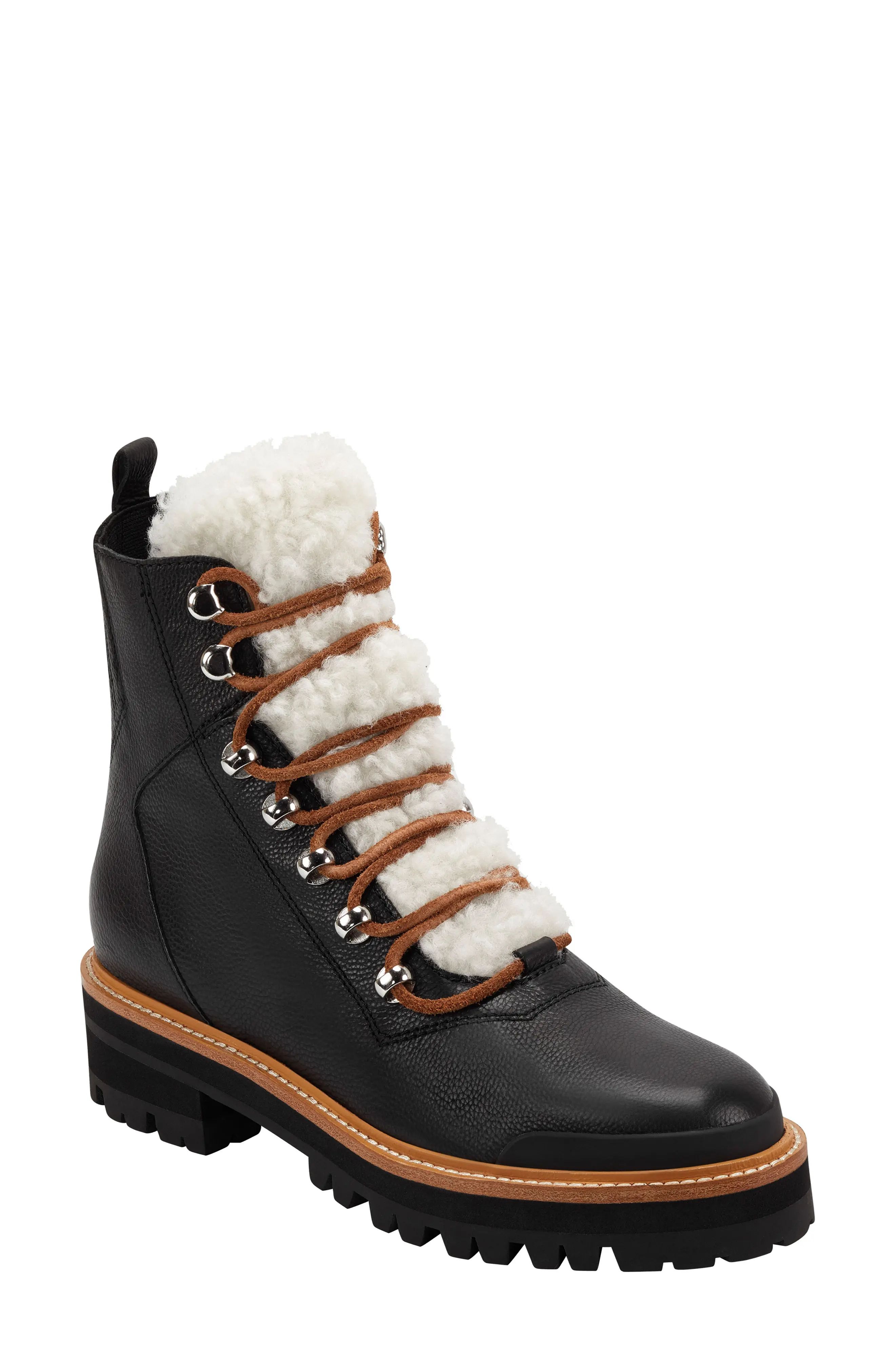 Marc Fisher LTD Izzie Genuine Shearling Lace-Up Boot, Size 7.5 in Black Leather at Nordstrom | Nordstrom