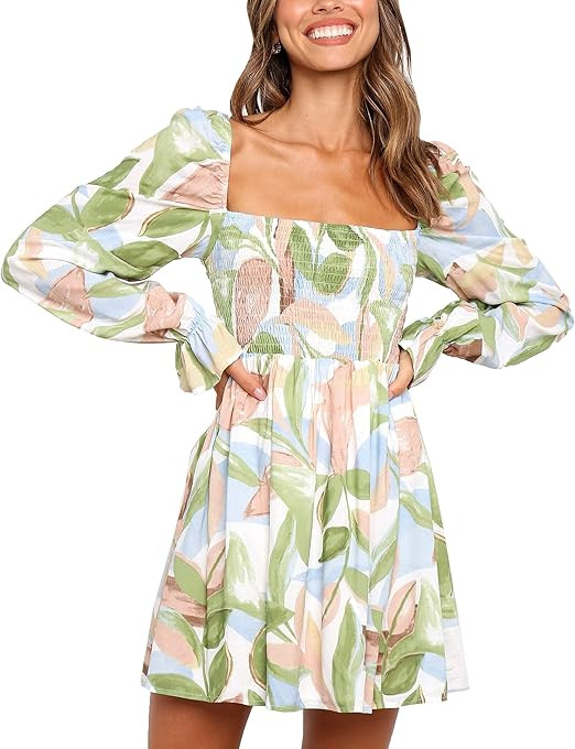 Deerose Womens Floral Chiffon Long Sleeve Mini Dress Summer Flowy Dresses | Amazon (US)