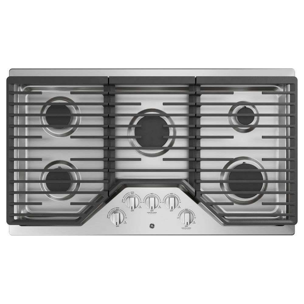 GE 36 in. Built-In Gas Cooktop in Stainless Steel with 5 Burners Including Power Boil Burner-JGP5... | The Home Depot