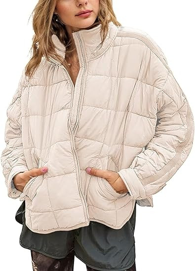 Omoone Women's Quilted Puffer Jacket Zip Up Oversized Lightweight Padded Down Coat Outerwear | Amazon (US)