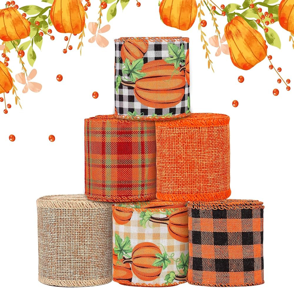 6 Rolls 30 Yards Fall Burlap Ribbon, 2.5″W Buffalo Plaid Wired Edge Ribbon with Pumpkin Pattern... | Amazon (US)