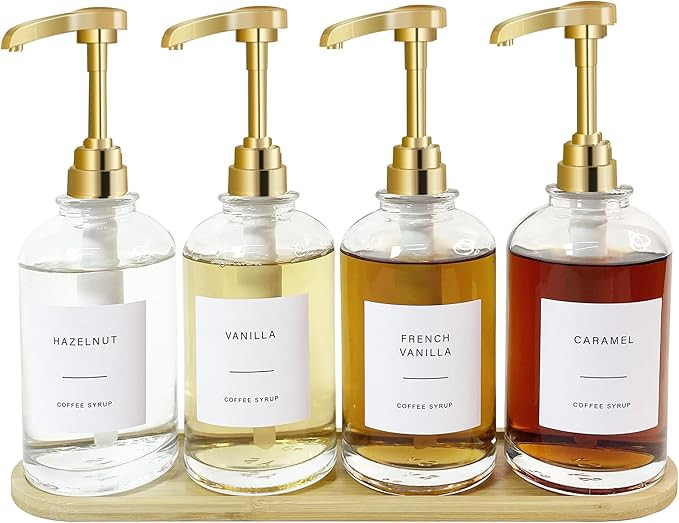 Coffee Syrup Dispenser for Coffee Bar, Gold Glass Syrup Dispenser with 1/4oz Large Capacity Pump,... | Amazon (US)