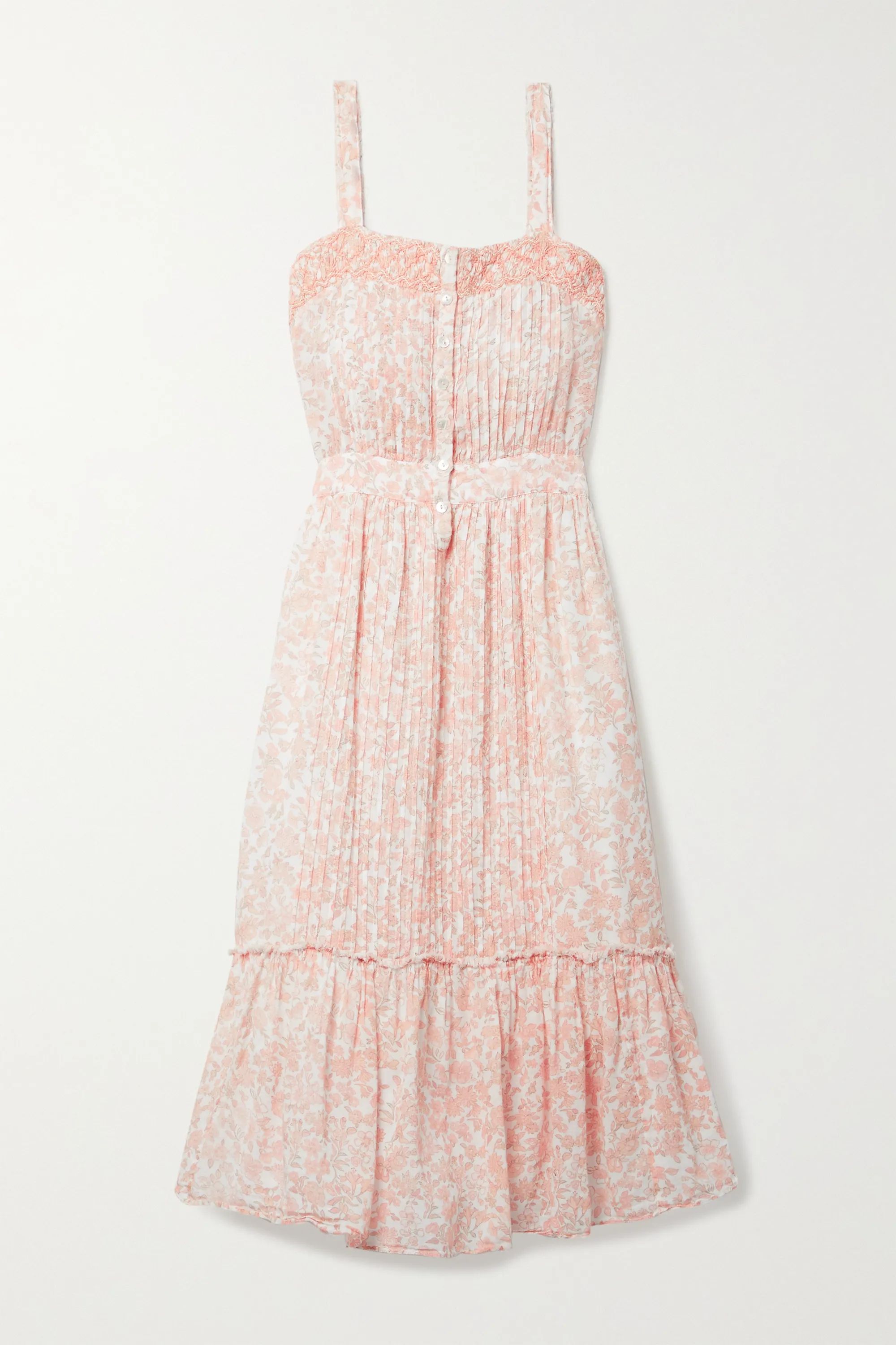 Peach Tove pintucked floral-print cotton-voile midi dress | LoveShackFancy | NET-A-PORTER | NET-A-PORTER (UK & EU)