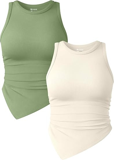 OQQ Women's 2 Piece Tank Tops Ruched Crew Neck Sleeveless Basic Stretch Tee Shirts | Amazon (US)