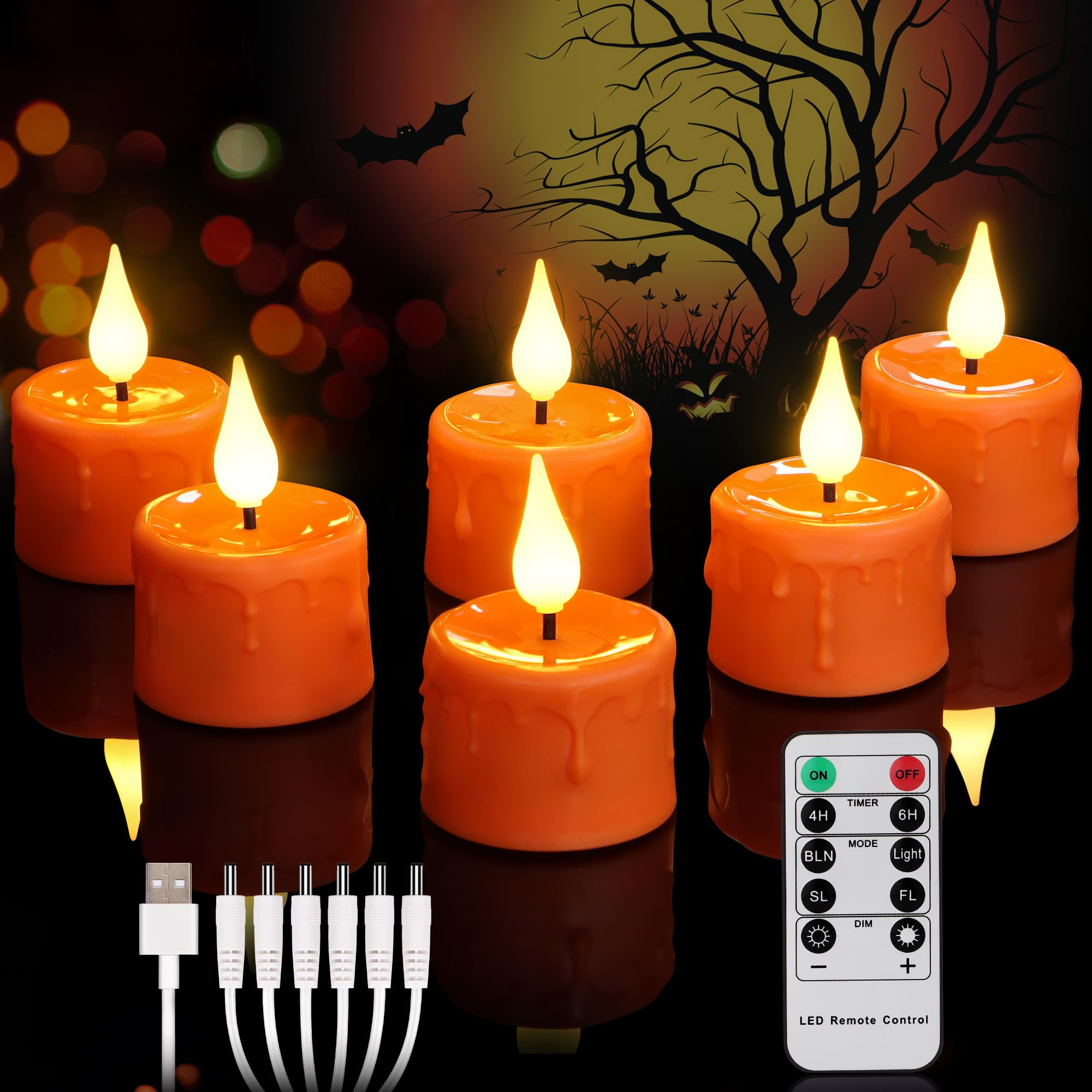 6 pcs Halloween Orange LED Tea Light Candles Rechargeable Flickering Flameless Pumpkins Lantern T... | Amazon (US)