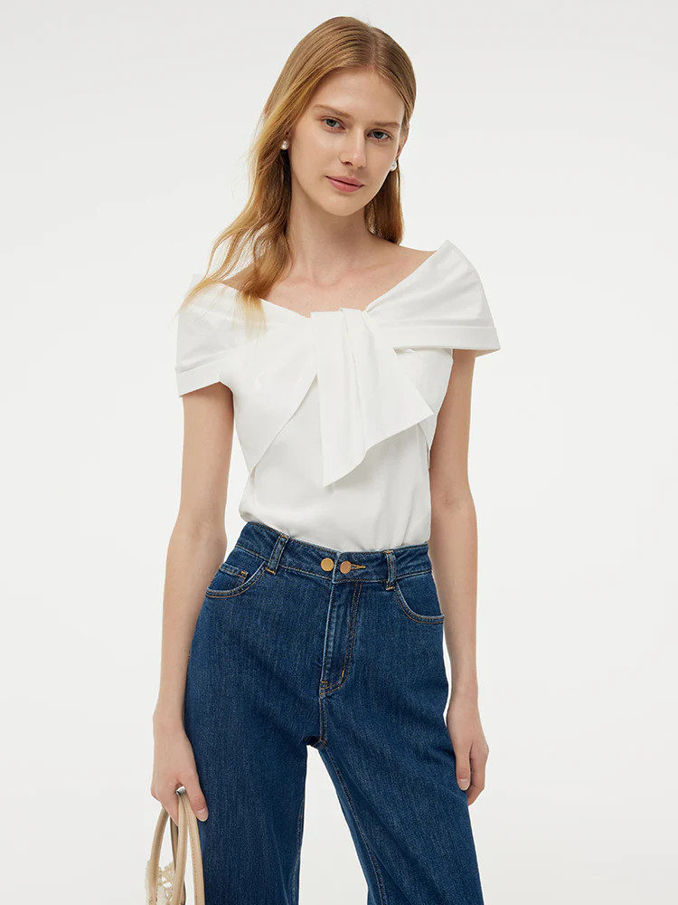 100% Cotton Stretch Off Shoulder Women Bow Top - Off White / L | GOELIA