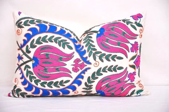 Pink and blue tulip suzani pillow, Suzani embroidery cushion, Suzani lumbar cushion, Tulip design su | Etsy (US)
