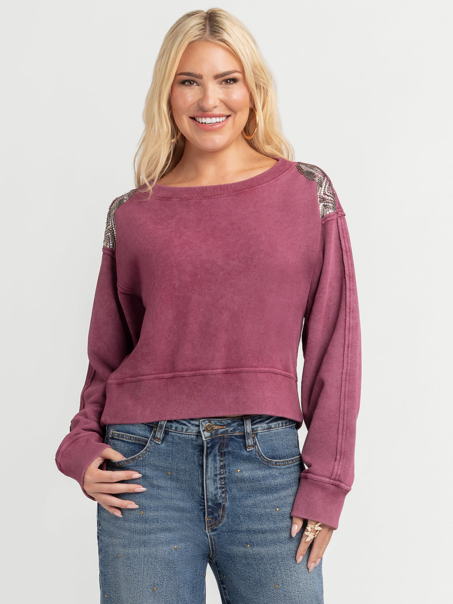 Jessica Simpson Women's Merril Embellished Crewneck Pullover Top, Sizes XS-XL | Walmart (US)