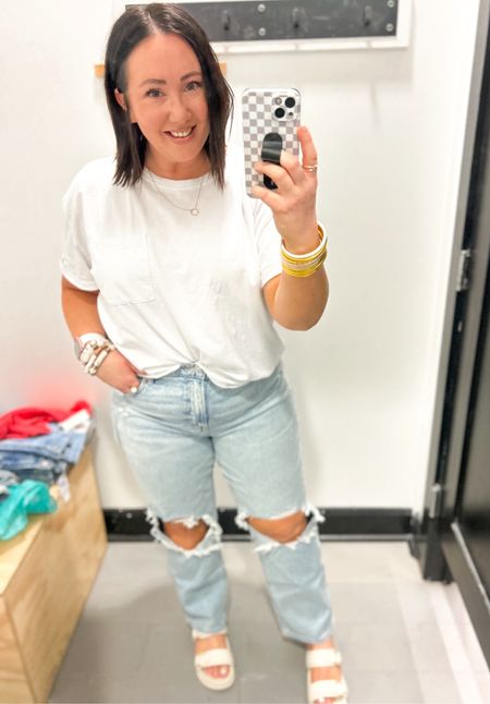 New high waisted straight ankle jeans at AE!  Sized up to a size 16 from my normal size 14. Love the wash on these and if you like distressed jeans, I think you’ll really love these. XL tee  

#LTKMidsize #LTKSeasonal #LTKFindsUnder50