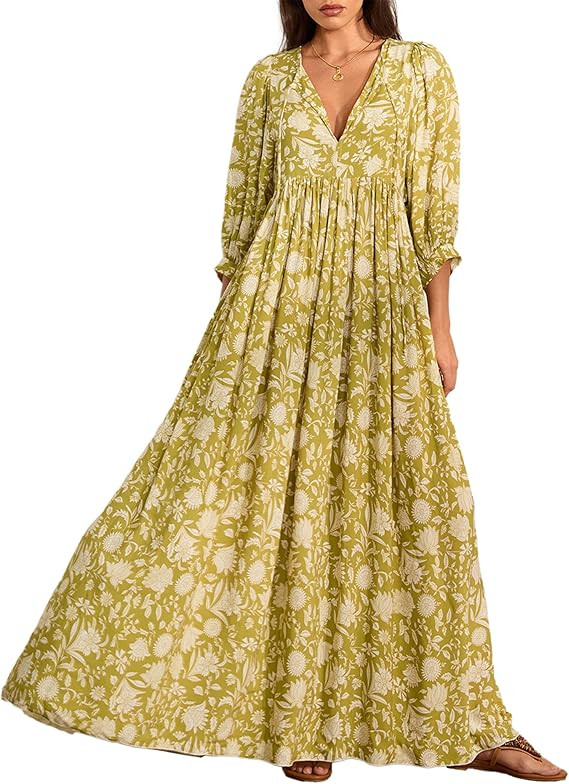 Women Summer Boho Maxi Dress 3/4 Sleeve V Neck Tie Front Maternity Dress Cotton Casual A-Line Baggy Sundress | Amazon (US)