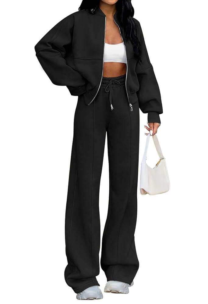 MEROKEETY Women's Fall 2 Piece Sweatsuits Set Long Sleeve Zip Up Sweatshirt Wide Leg Sweatpants L... | Amazon (US)