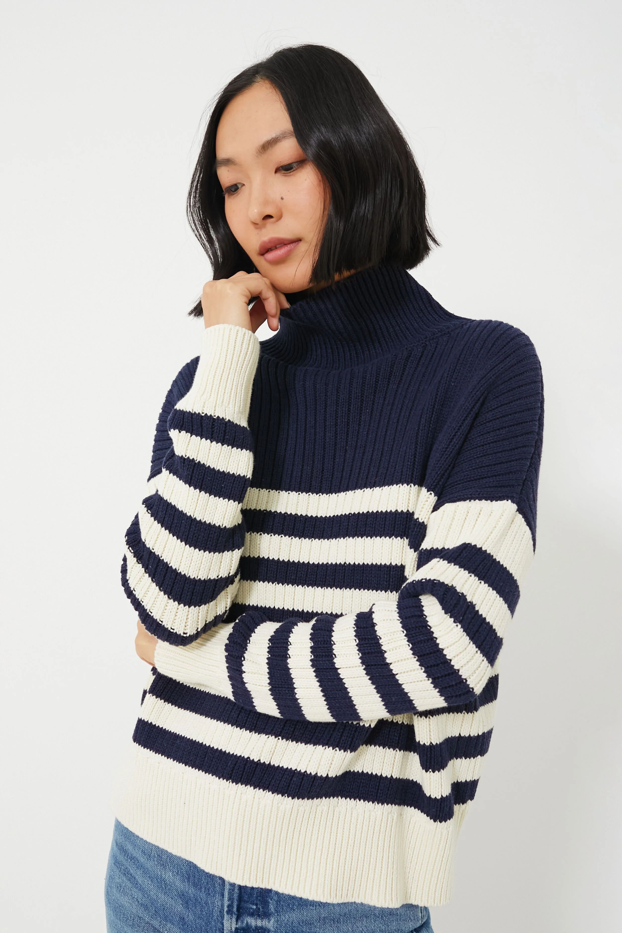 Navy Colorblock Stripe Organic Carolyn Funnel Neck Sweater | Tuckernuck (US)