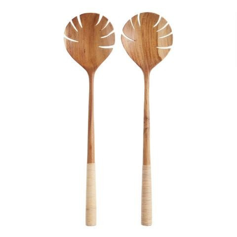 Large Teak and Rattan Monstera Leaf Servers 2 Piece Set | World Market
