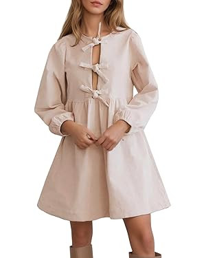 Kedera Women's Babydoll Corduroy Dress Long Puff Sleeve Bow Tie Front Ruffle A-Line Mini Dresses ... | Amazon (US)
