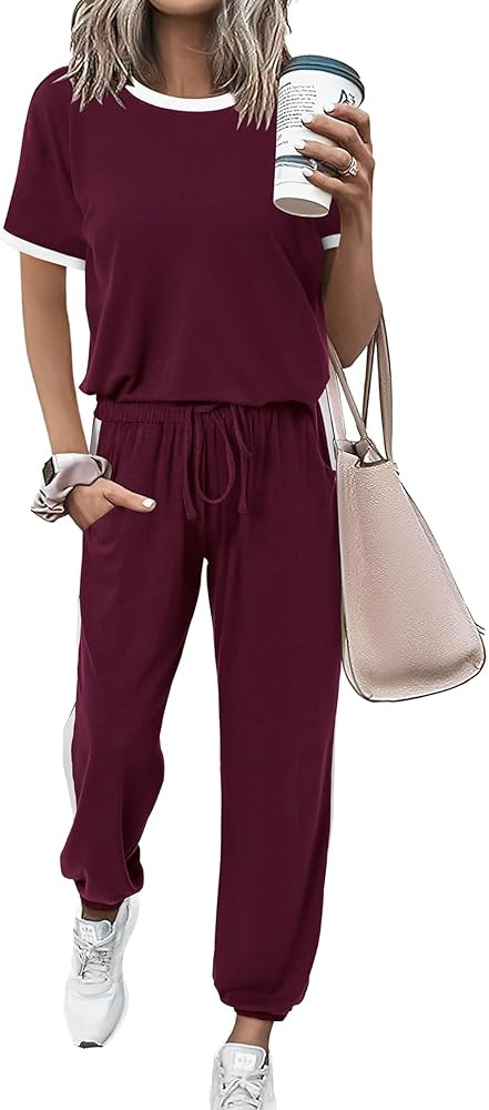 MASCOMODA Womens 2 Piece Outfits 2025 Summer Tracksuit Sets Short Sleeve Tops Travel Long Pants J... | Amazon (US)
