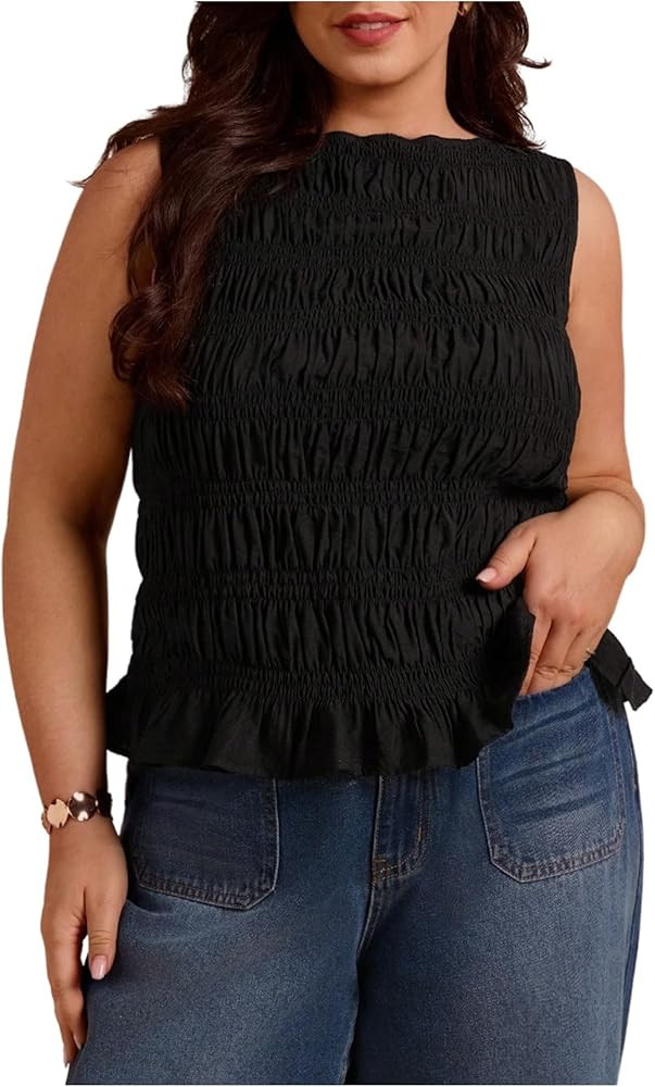SweatyRocks Women's Plus Size Smocked Ruffle Tank Top Summer Sleeveless Slim Fit Shirred Tops | Amazon (US)
