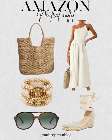 Amazon neutral outfit ✨
So many options to wear on your summer vacation coming up this year. 

Amazon finds, women’s neutral jumpsuit, closed toed sandals, women’s sunglasses, bracelets, straw bag, neutral outfit 
