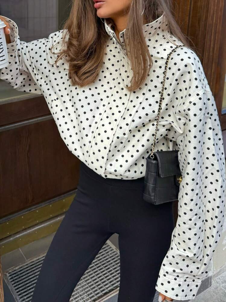 HZXVIC Women's New Spring Style Contrast-Colored Polka Dot Casual Jacket With Drawstring, Zipper, Ribbed Stand Collar, And College Style | SHEIN