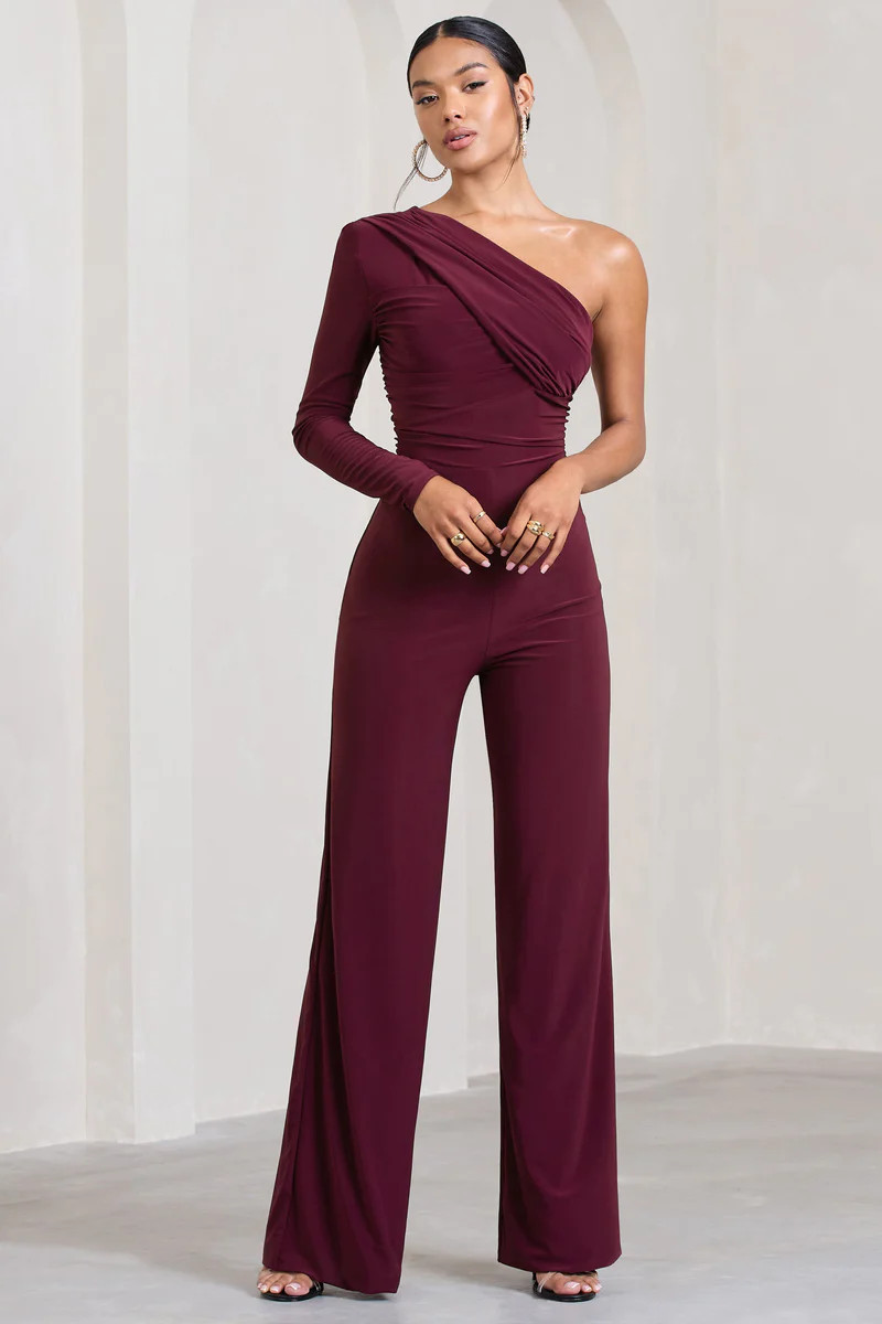 Mila | Burgundy One Shoulder Ruched Wide Leg Jumpsuit | Club L London IE