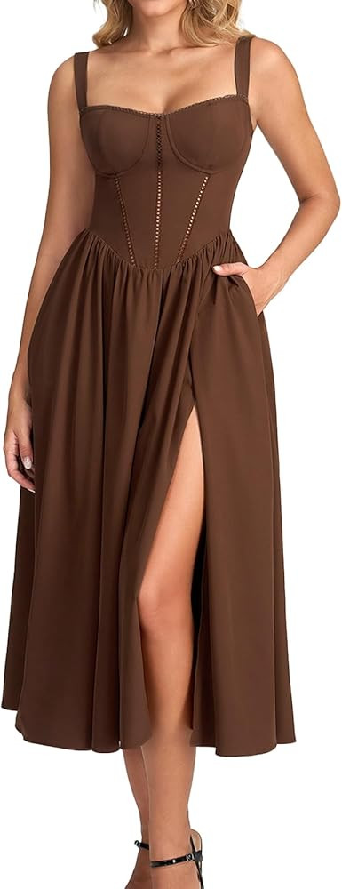 KUTUMAI Floral Corset Midi Dress Flowy Slit Summer Spring Wedding Guest Dresses for Women Sundres... | Amazon (US)