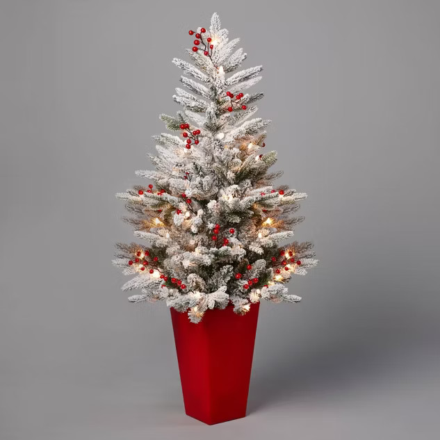 4' Pre-Lit Flocked Balsam Fir Potted Artificial Christmas Tree with Red Berries Clear Lights ... | Target