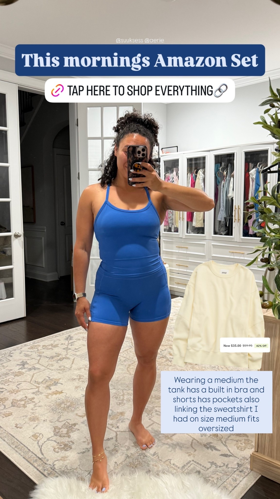 This mornings Amazon Set Wearing a medium the tank has a built in bra and shorts has pockets also linking the sweatshirt I had on size medium fits oversized  @suuksess @aerie