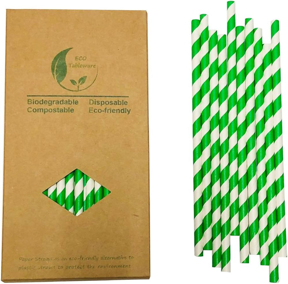 Disposable Green Striped Straws, Biodegradable Spring Green Stripes Paper Drinking Straws for Chr... | Amazon (US)