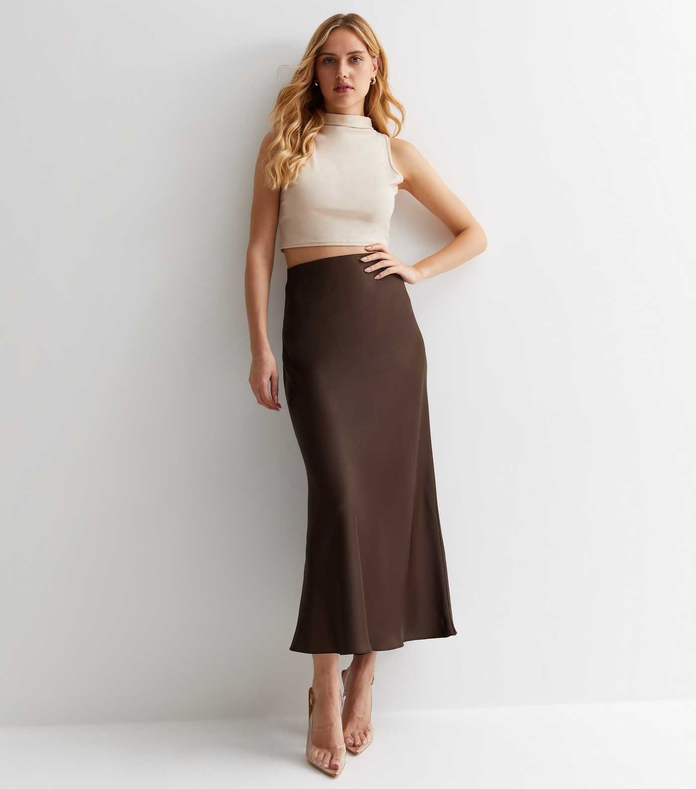 Dark Brown Satin Bias Cut Midi Skirt
						
						Add to Saved Items
						Remove from Saved Item... | New Look (UK)
