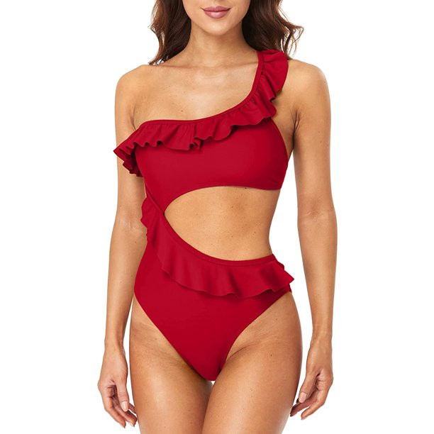 Women's One Shoulder Ruffle Cut Out One Piece Swimsuit Asymmetric Monokini Swimwear - Walmart.com | Walmart (US)