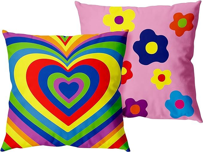 Winnwing 2 Packs Y2K Pillow Covers Room Décor Aesthetic Vintage Colorful Heart Cute Flowers Deco... | Amazon (US)