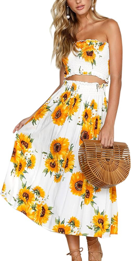 Women's Floral Crop Top Maxi Skirt Set 2 Piece Outfit Dress | Amazon (US)