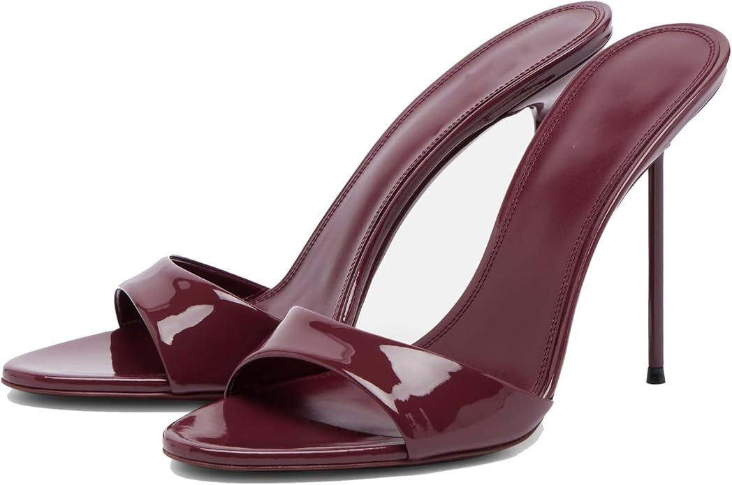 YIYA Women's Open Round Toe Mules Heels Patent Leather Stiletto Kitten High Heels Slip On Slide S... | Amazon (US)