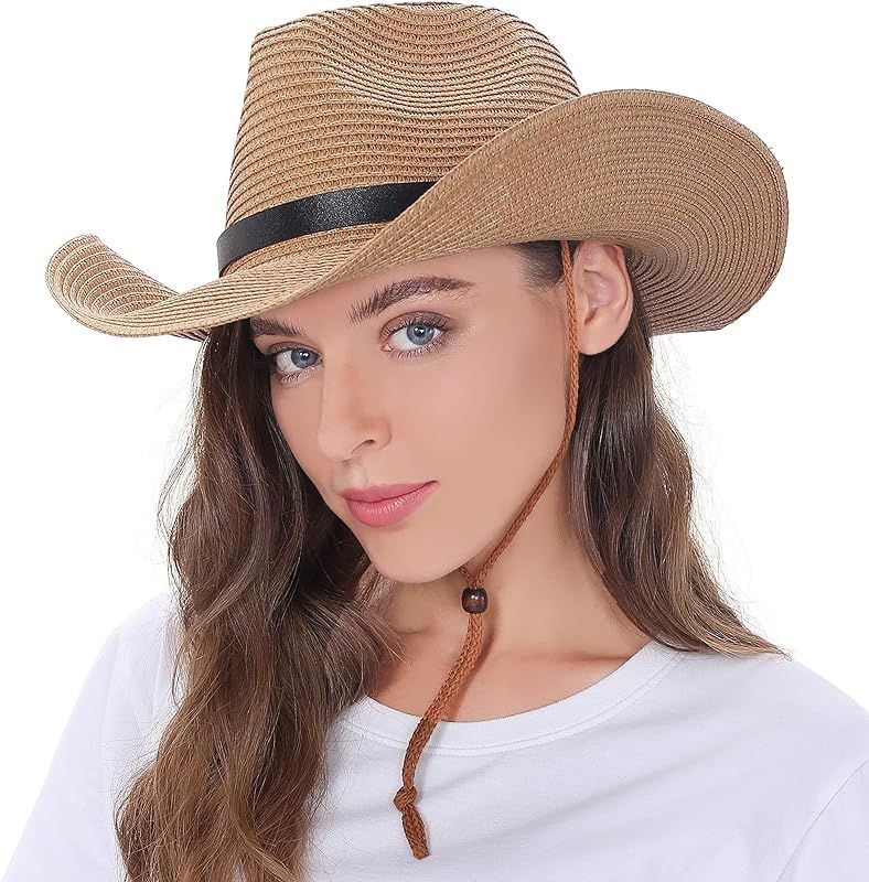 Womens Straw Cowboy Hat Shapeable Floppy Sun Hat Wide Birm Fedora Panama Hat for Beach | Amazon (US)