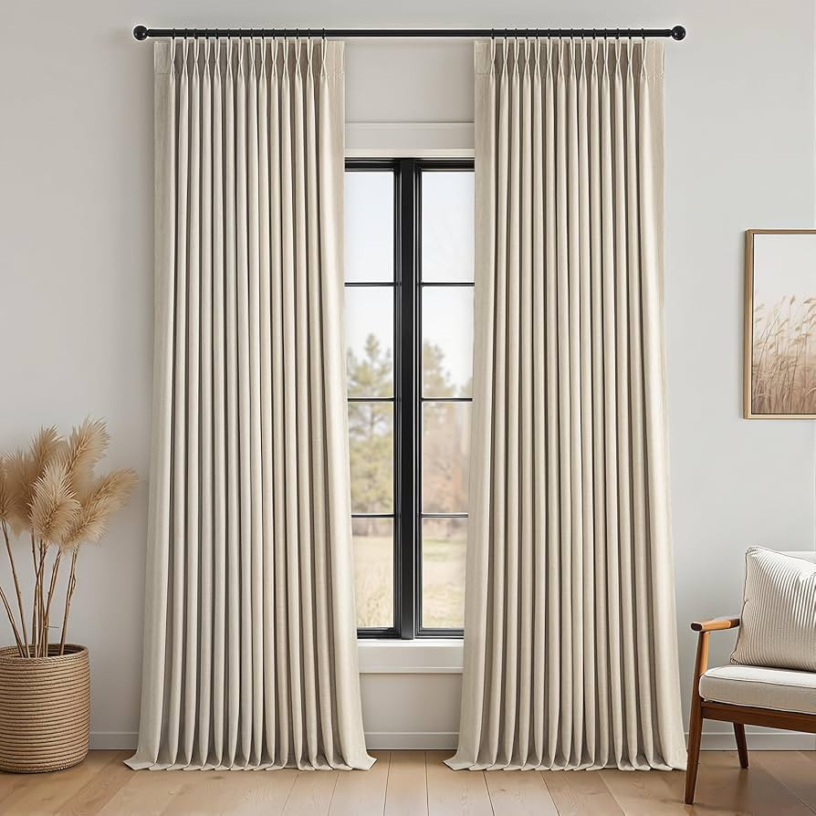 102 Inches Long 100% Blackout Oatmeal Linen Curtains,Farmhouse Pinch Pleated Noise Cancelling Cur... | Amazon (US)