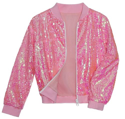 Girls Sequin Bomber Jacket with Pockets Lightweight Sparkle Long Sleeve Zipper Pink Jackets for Kid 11 12 Years Old | Amazon (US)