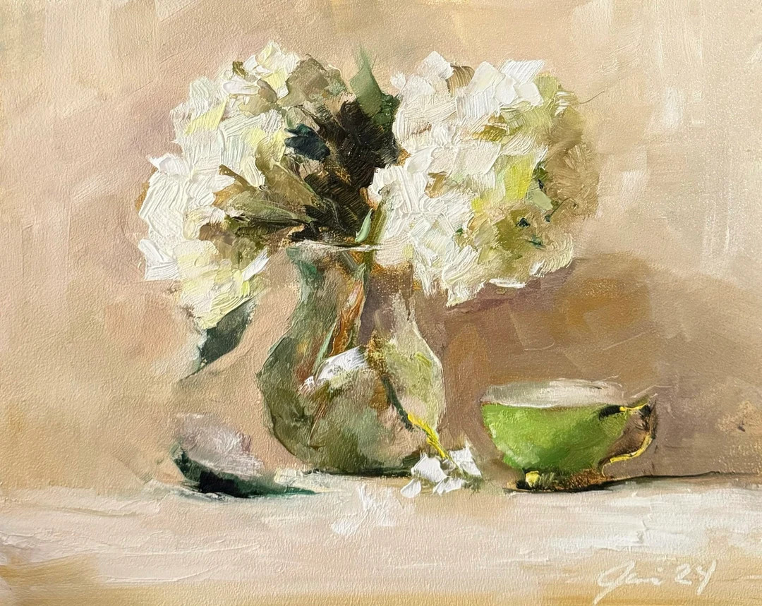 Art Original  Oil Painting High Key Neutrals Hydrangeas And Mint Tea Canvas  Board 8X10 | Etsy (US)