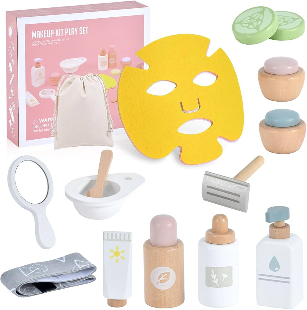 WHOHOLL Wooden Makeup Toy Set, Pretend Beauty Salon Toys Skin Care Learning Toys for Toddler, Day... | Amazon (US)