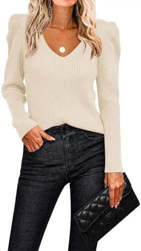 Zeagoo Fall Sweaters for Women 2024 Casual Long Sleeve Shirts V Neck Pullover Puff Slim Fit Tops | Amazon (US)