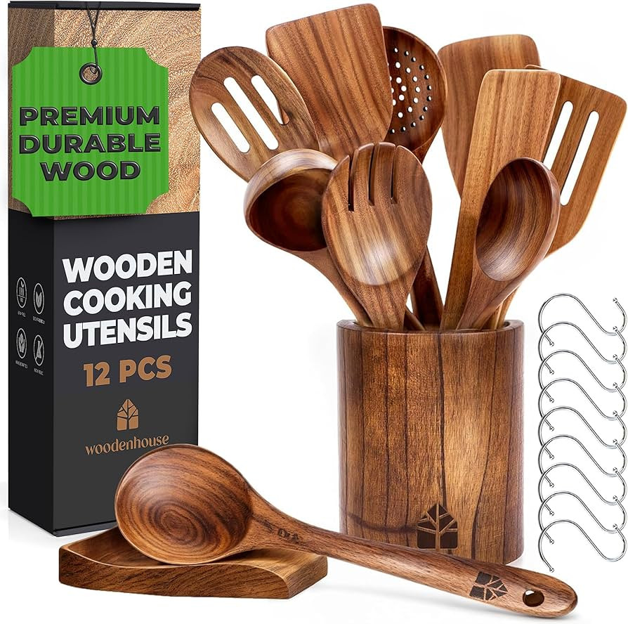 Wooden Spoons for Cooking – Wooden Cooking Utensils Set with Holder, Spoon Rest & Hooks, Teak W... | Amazon (US)