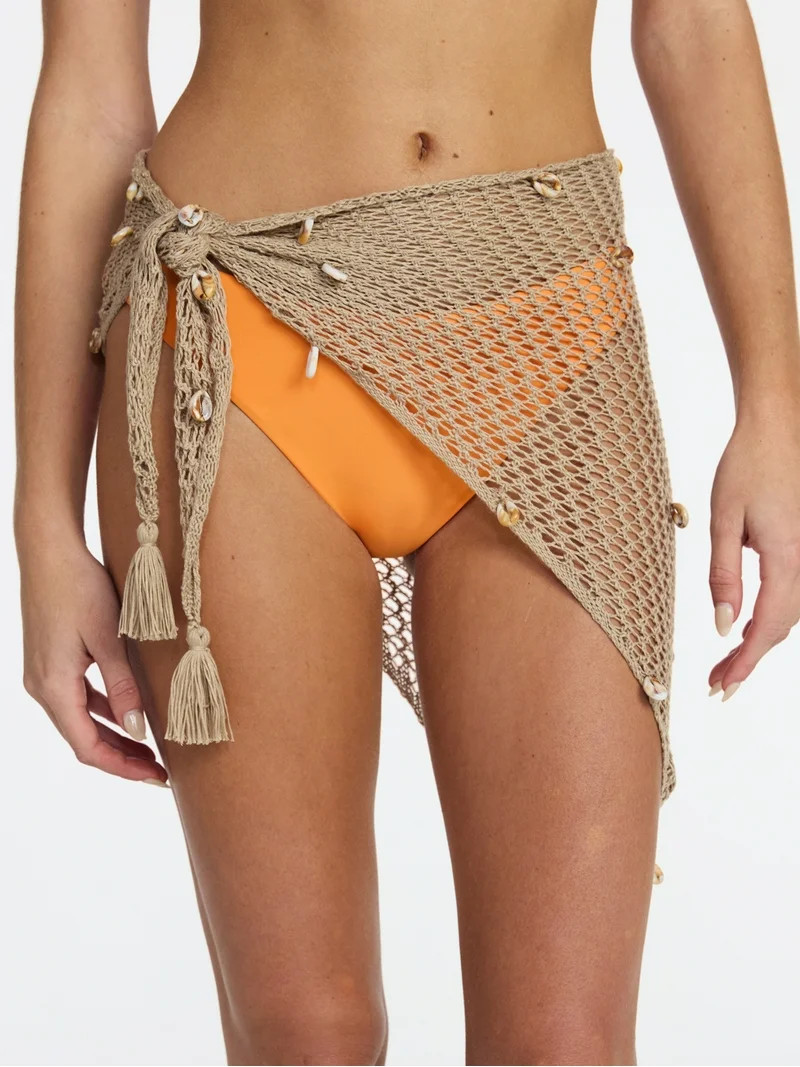 No Boundaries Fishnet Pareo with Faux Shells, One Size, Oxford Tan, Women's | Walmart (US)