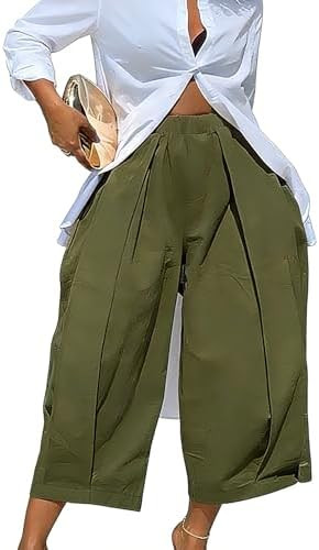 Women High Waisted Pants Wide Leg Cropped Palazzo Pants Baggy Fit Casual Trousers Pockets Elastic... | Amazon (US)
