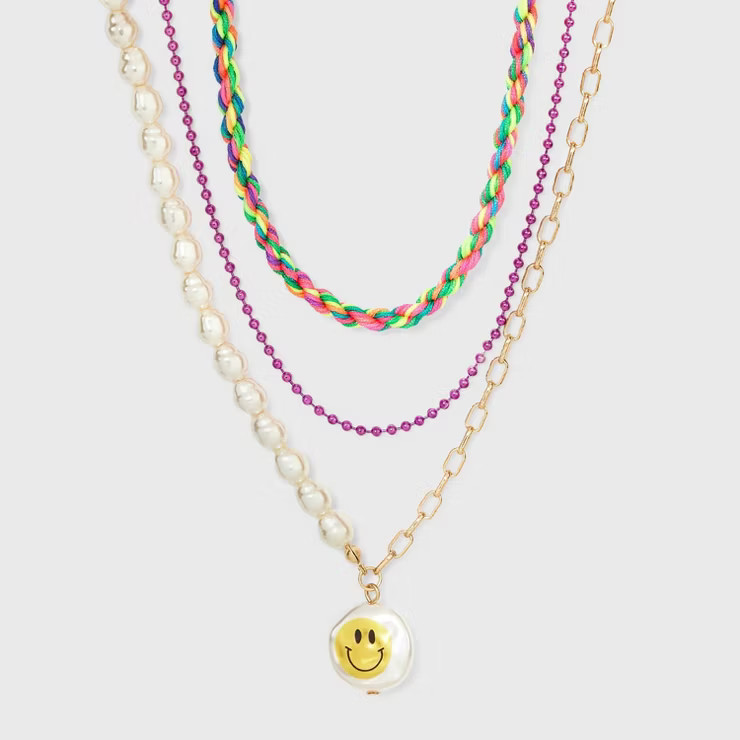 Simulated Pearl and Smiley Face Charm Chain Necklace Set 3pc - Wild Fable™ | Target