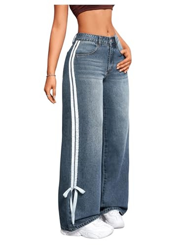 MakeMeChic Women's Straight Wide Leg Denim Pants Striped Bow Rise Jeans with Pocket Y2K Streetwea... | Amazon (US)