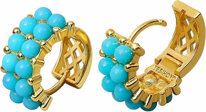 Simulated Turquoise Huggie Earrings Rhinestone Small Gold Hoop Earrings for Women Girls Lucky Blu... | Amazon (US)
