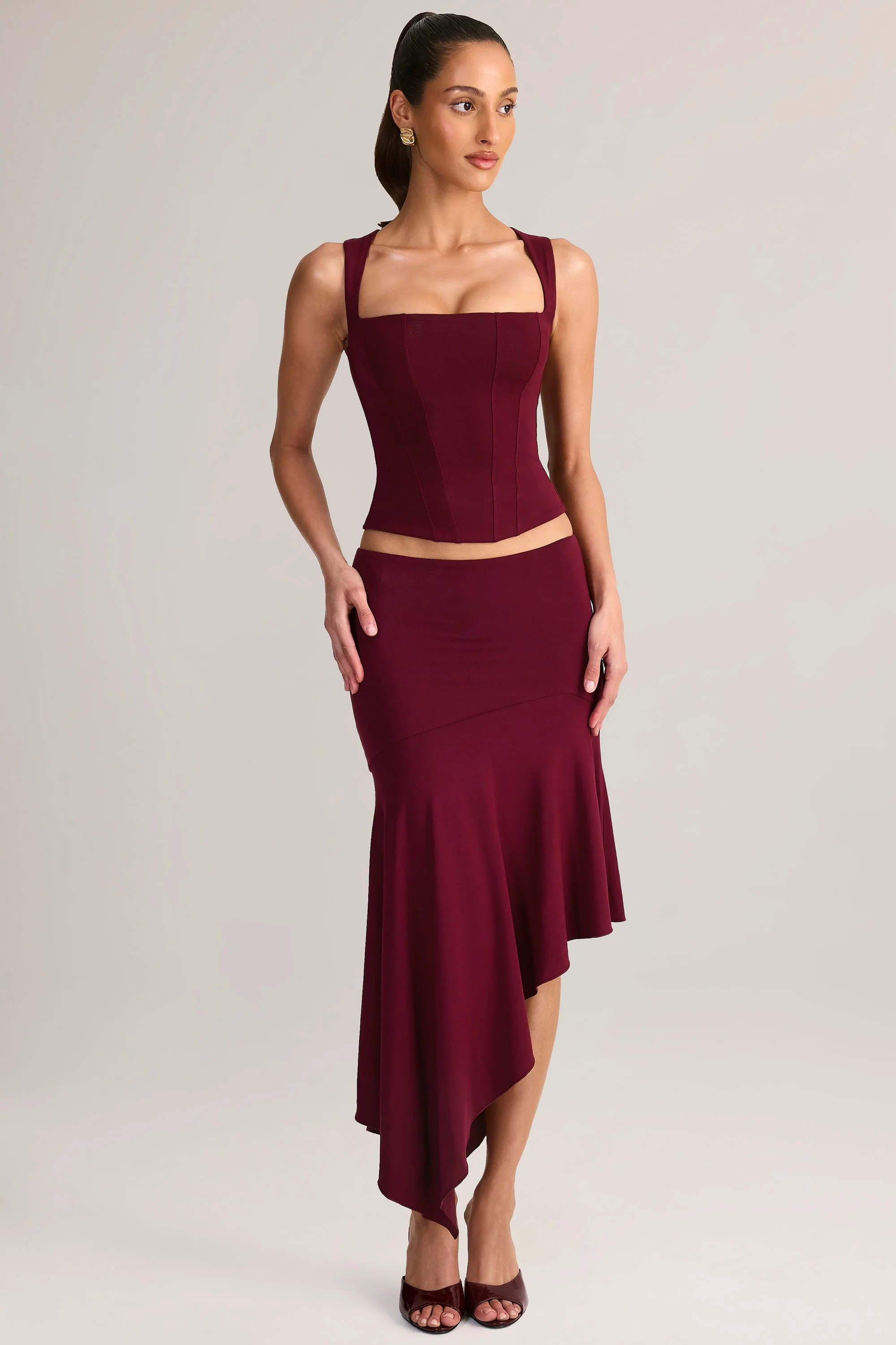 Modal Low-Rise Asymmetric Midaxi Skirt in Wine | Oh Polly