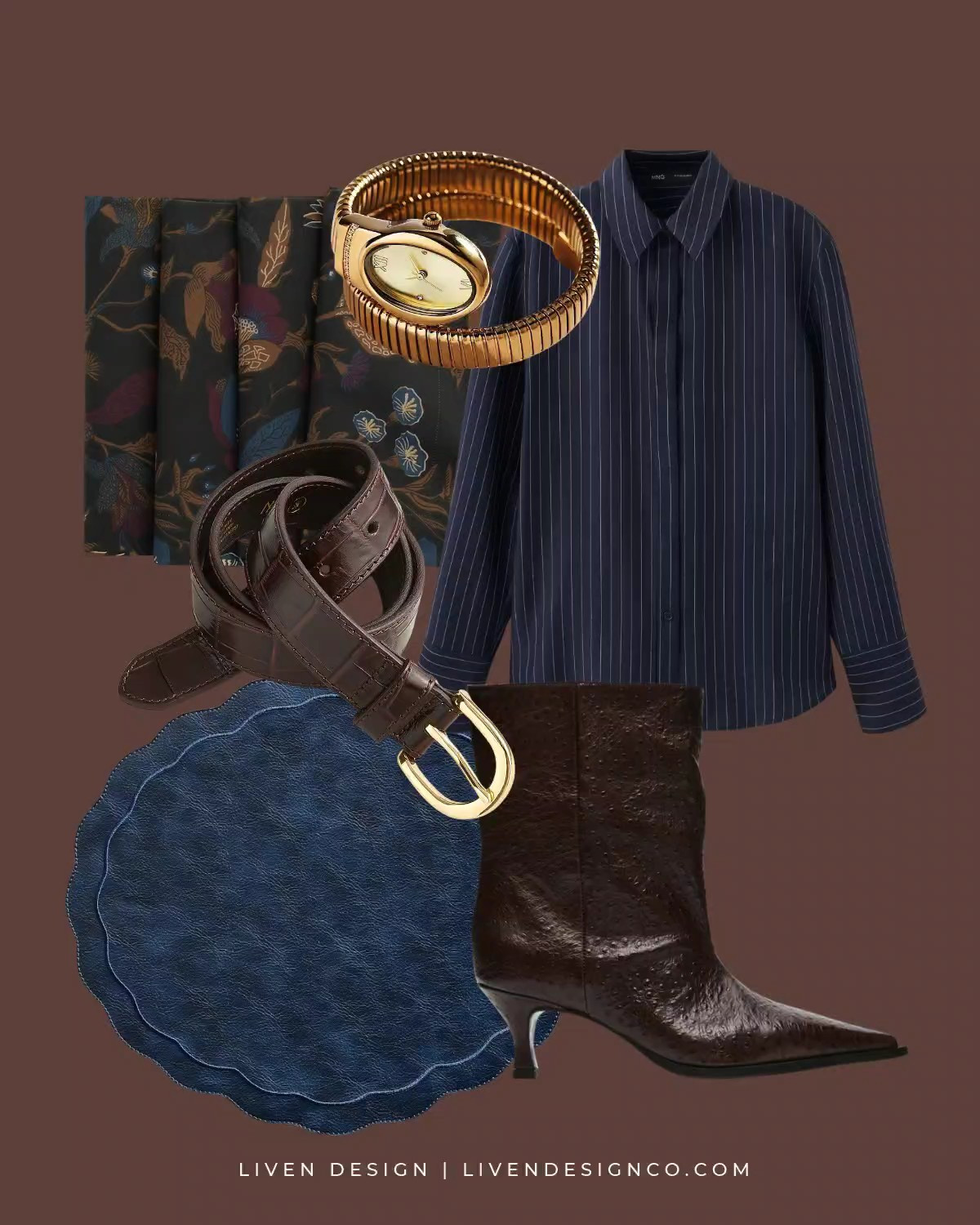 New discoveries. Style inspiration. Gold wrap watch. Moody botanical fall napkins. Fall decor. Navy blue leather placemats. Striped navy button down shirt. Stiletto heeled boots. Python boots. Snakeskin boots. Ankle boots. Croc boots. Ostrich boots. Croc brown belt

#LTKSeasonal #LTKHome #LTKSaleAlert