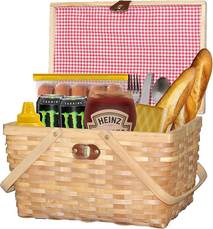 Vintiquewise.com Gingham Lined Woodchip Picnic Basket with Lid and Movable Handles | Amazon (US)