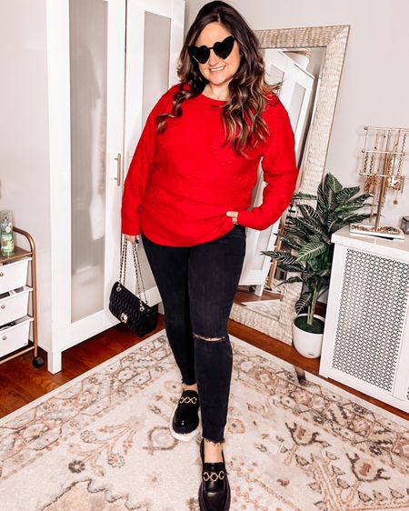 Red heart sweater, size L
Black jeans
Black loafers
Heart sunglasses

Abercrombie jeans, amazon sweater, Valentine’s Day outfit, red sweater 

#LTKcurves #LTKFind